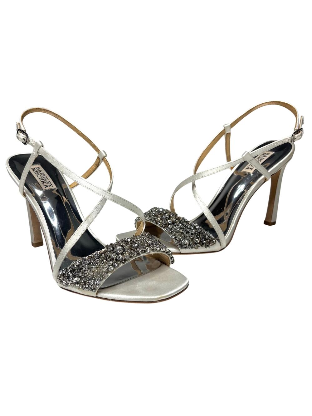 Badgley Mischka Rider White Satin Stiletto Heeled Sandal Beaded, Rhinestone 11